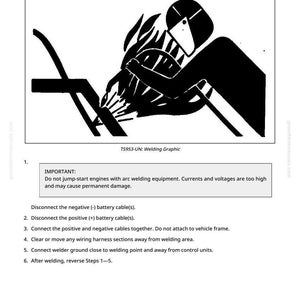 May include: Black and white illustration showing welding near electronic control units. The image features a silhouetted figure welding with flames and sparks. Text includes safety instructions and warnings about arc welding.