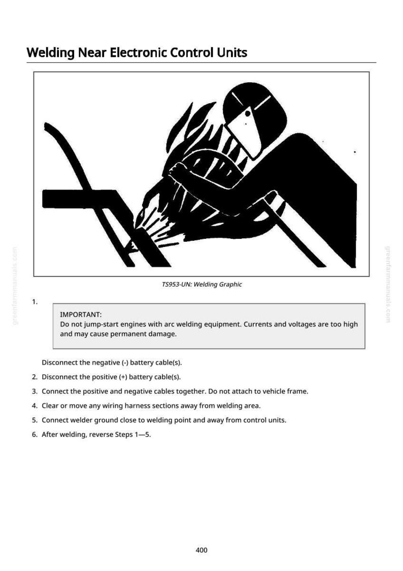 May include: Black and white illustration showing welding near electronic control units. The image features a silhouetted figure welding with flames and sparks. Text includes safety instructions and warnings about arc welding.