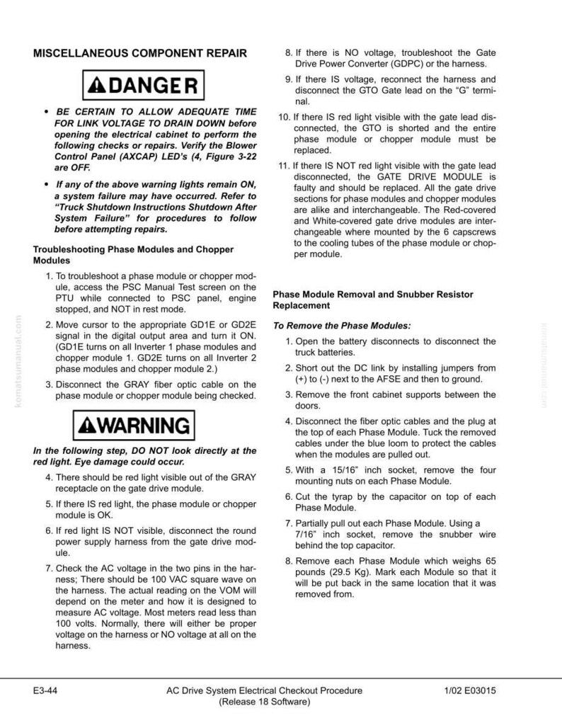 Puede incluir: Documento t&eacute;cnico "REPARACI&Oacute;N DE COMPONENTES DIVERSOS" con instrucciones para la soluci&oacute;n de problemas de m&oacute;dulos de fase y m&oacute;dulos chopper. Incluye advertencias de seguridad y procedimientos de reemplazo. Contiene diagramas y precauciones.