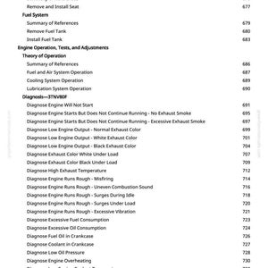 May include: A page from a manual with a list of engine diagnostics and tests. The text includes sections on fuel systems, engine operation, and troubleshooting, with page numbers on the right.