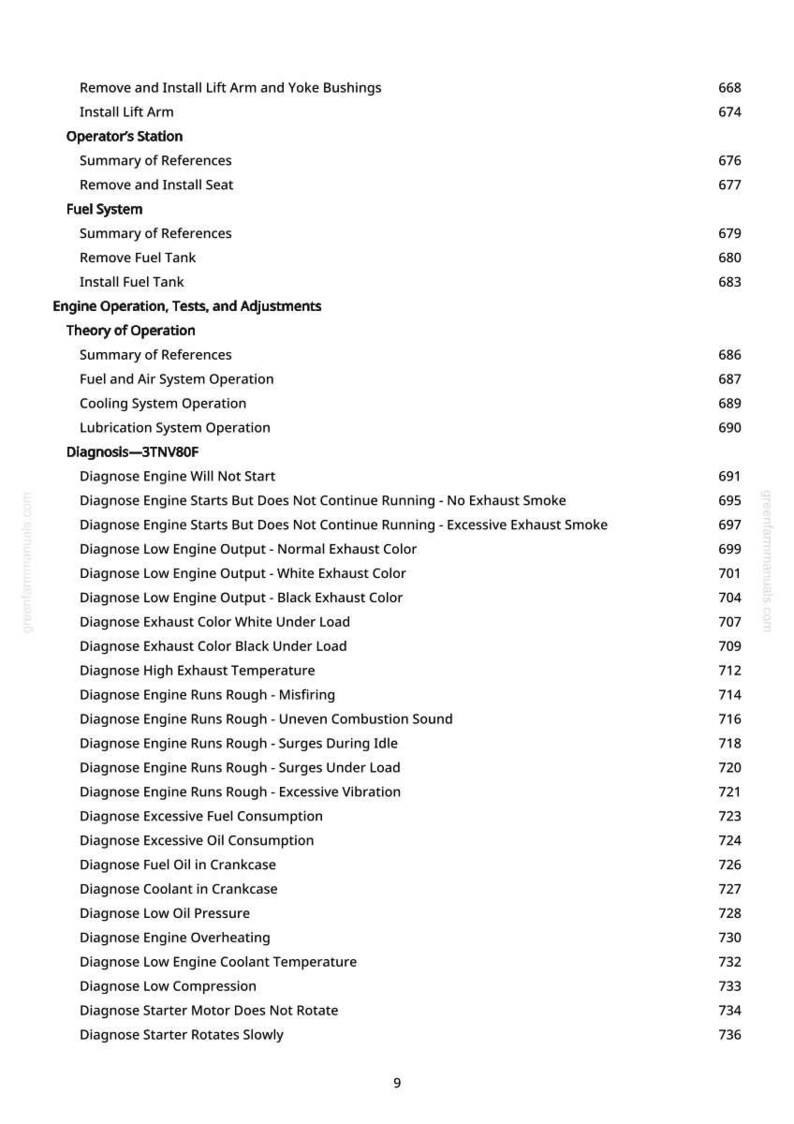 May include: A page from a manual with a list of engine diagnostics and tests. The text includes sections on fuel systems, engine operation, and troubleshooting, with page numbers on the right.