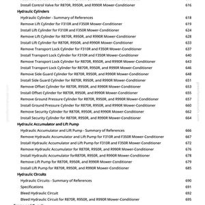 May include: A detailed contents page from a manual, listing components and procedures for mower-conditioners. Sections include hydraulic cylinders, lift pumps, and hydraulic circuits, with page numbers.