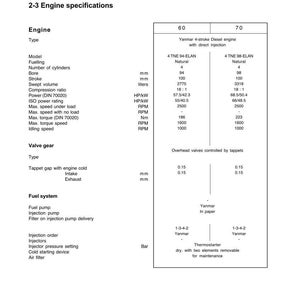 May include: A technical document with the title "Tractor identification and technical specifications." The document includes engine specifications for models 60 and 70, detailing bore, stroke, swept volume, and power ratings. The document also includes information about the fuel system and valve gear.