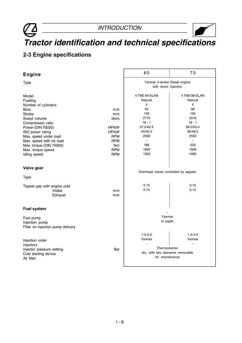 May include: A technical document with the title "Tractor identification and technical specifications." The document includes engine specifications for models 60 and 70, detailing bore, stroke, swept volume, and power ratings. The document also includes information about the fuel system and valve gear.