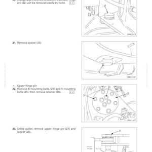 May include: Diagram of a vehicle component disassembly process, with detailed illustrations and numbered steps. Includes images of hinge pins, bolts, and a puller tool, with labels for each part. Text instructions accompany the diagrams.