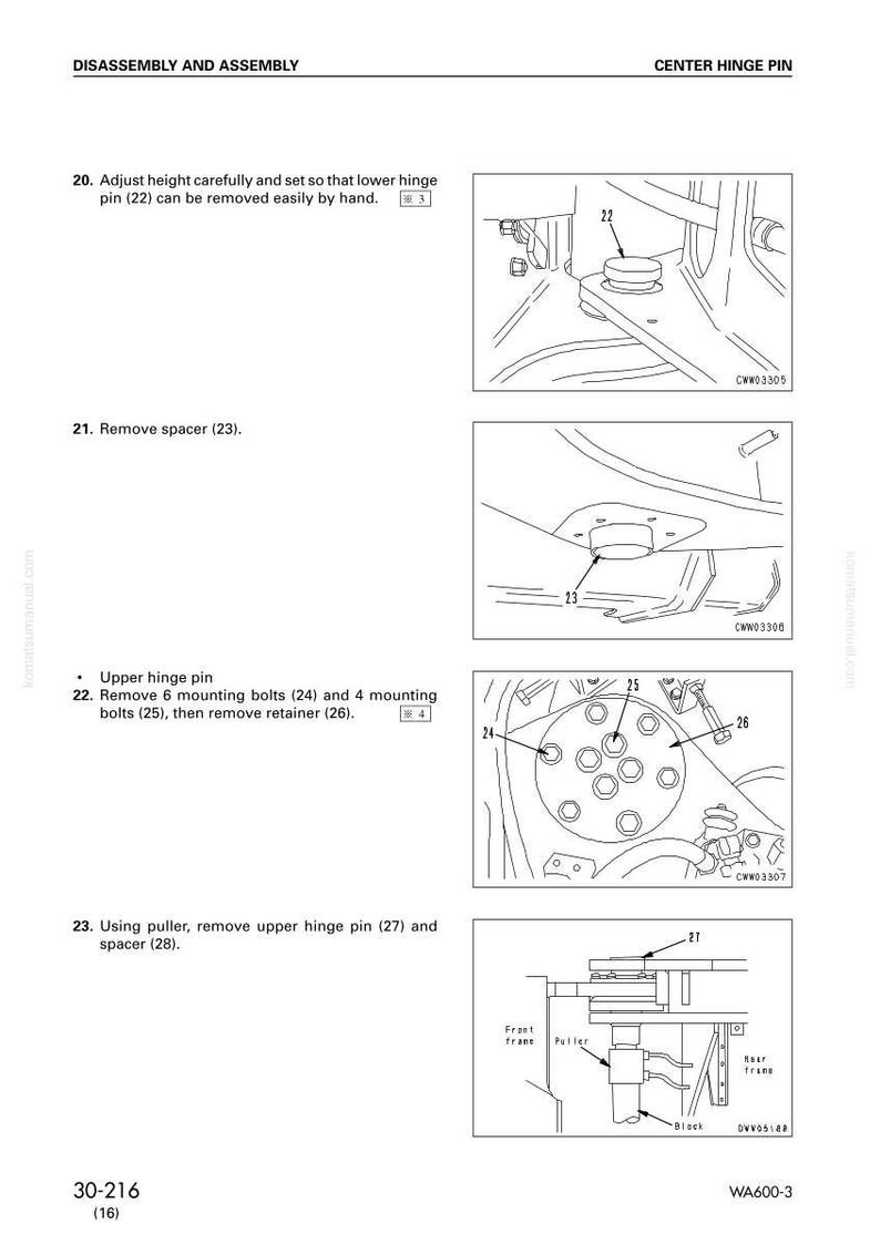 May include: Diagram of a vehicle component disassembly process, with detailed illustrations and numbered steps. Includes images of hinge pins, bolts, and a puller tool, with labels for each part. Text instructions accompany the diagrams.