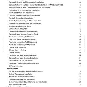 May include: A page from a greenfarmmanuals.com manual, listing engine repair procedures. Procedures include cylinder head, crankshaft, piston, and cooling system maintenance. The page also lists page numbers for each procedure.