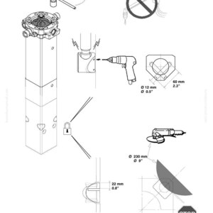 May include: Technical diagram with the KOMATSU logo and model number JMHB370V-1. The image includes diagrams of mechanical components, measurements in inches and millimeters, and a "STOP" sign.