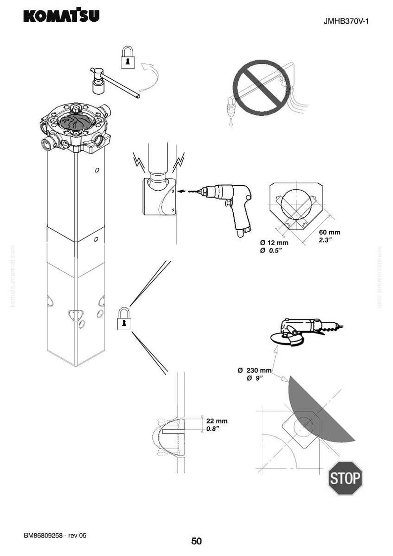 May include: Technical diagram with the KOMATSU logo and model number JMHB370V-1. The image includes diagrams of mechanical components, measurements in inches and millimeters, and a "STOP" sign.