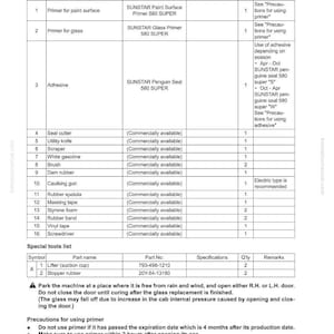 May include: A detailed technical document with a table listing tools and materials for cab glass removal and installation. Includes part names, part numbers, and quantities. Also includes safety precautions and warnings.