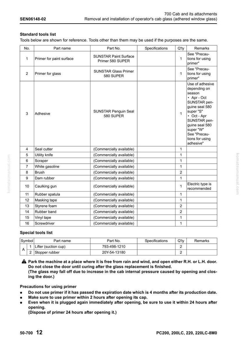 May include: A detailed technical document with a table listing tools and materials for cab glass removal and installation. Includes part names, part numbers, and quantities. Also includes safety precautions and warnings.
