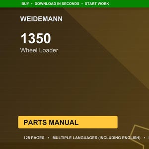 K&ouml;nnte beinhalten: Ein digitales Dokument mit dem Titel "WEIDEMANN 1350 Wheel Loader PARTS MANUAL". Das Cover ist ein Farbverlauf aus Braun und Gold mit wei&szlig;em Text. Das Handbuch hat 128 Seiten und ist in mehreren Sprachen, einschlie&szlig;lich Englisch, verf&uuml;gbar. Das Dokument ist ein PDF.