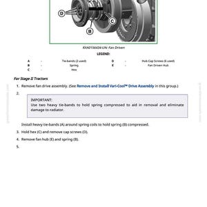 Puede incluir: Diagrama de un conjunto de transmisi&oacute;n de ventilador para tractores Stage II. La imagen incluye una vista detallada del conjunto con componentes etiquetados: bridas, resorte, hex&aacute;gono, tornillos de tapa de cubo y cubo accionado por ventilador. El texto proporciona instrucciones.