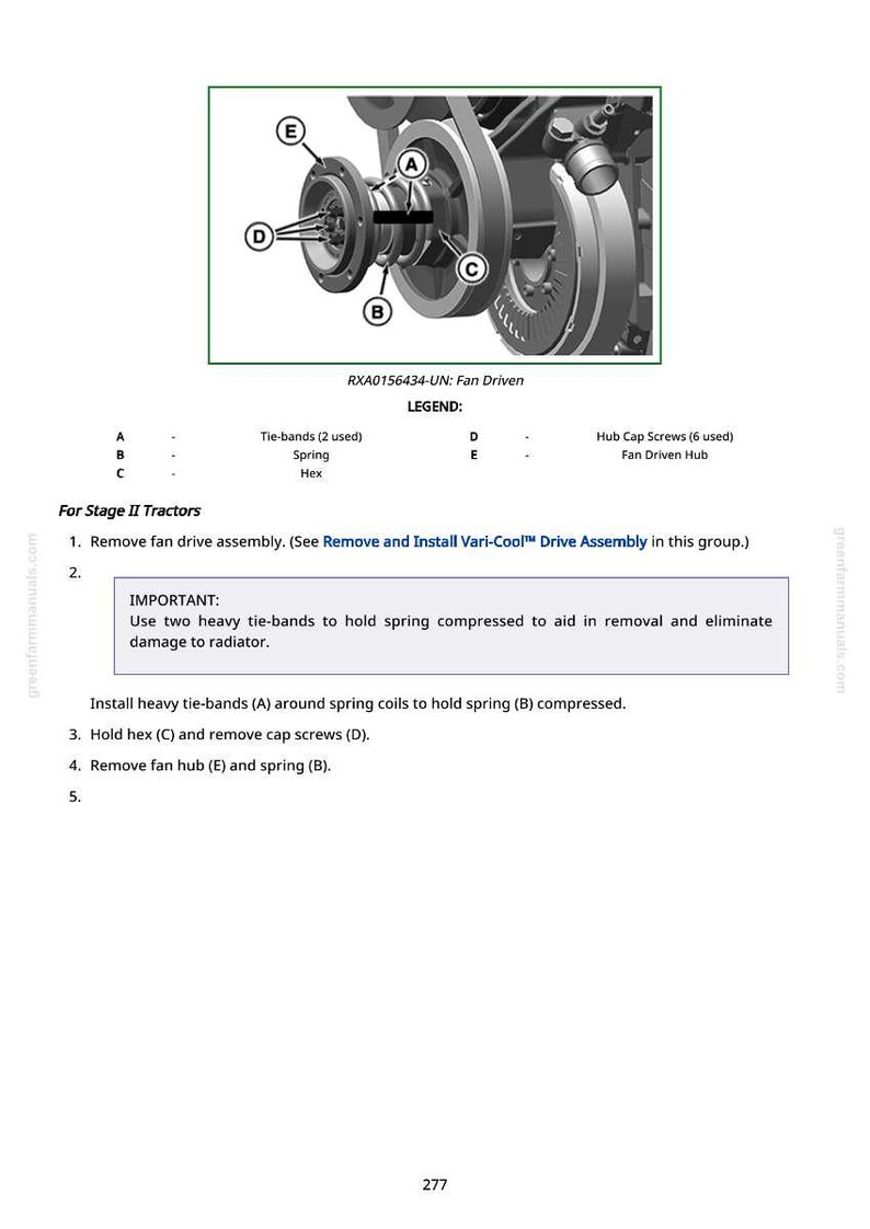 Puede incluir: Diagrama de un conjunto de transmisi&oacute;n de ventilador para tractores Stage II. La imagen incluye una vista detallada del conjunto con componentes etiquetados: bridas, resorte, hex&aacute;gono, tornillos de tapa de cubo y cubo accionado por ventilador. El texto proporciona instrucciones.