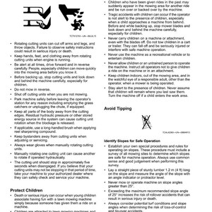 May include: A safety guide for lawn mowers, featuring warnings about rotating blades and child safety. The text provides diagrams and advice on avoiding injury and accidents. It also covers safe operation on slopes, with measurements in metres.