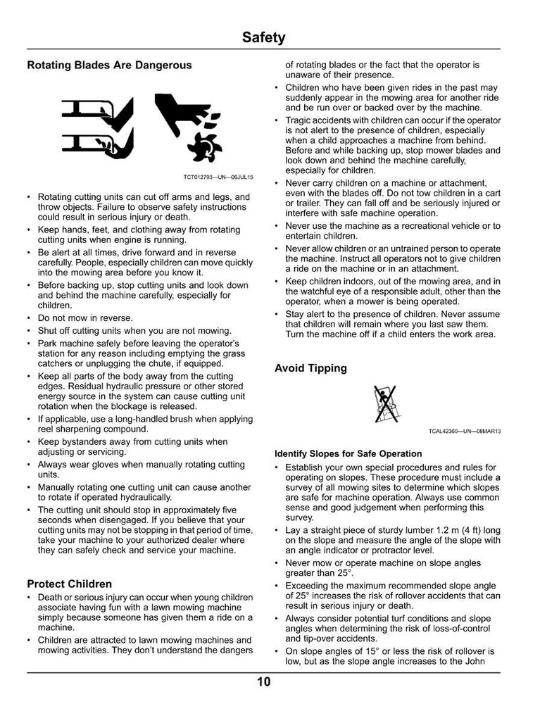 May include: A safety guide for lawn mowers, featuring warnings about rotating blades and child safety. The text provides diagrams and advice on avoiding injury and accidents. It also covers safe operation on slopes, with measurements in metres.