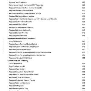 May include: A white page with a list of vehicle component replacement instructions. The text includes "Replace CommandCenter Processor", "Replace Wiper Motors", and "Replace Refrigerator". Numbers are listed to the right of each item.