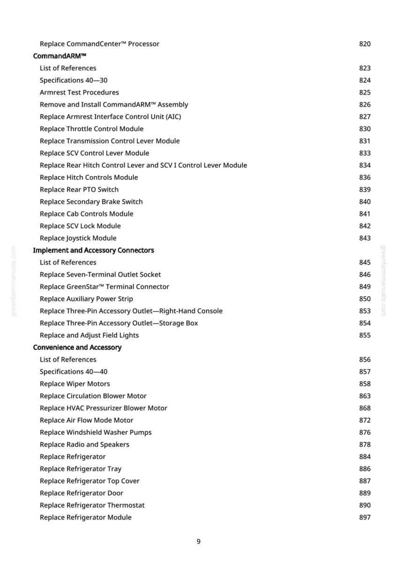 May include: A white page with a list of vehicle component replacement instructions. The text includes "Replace CommandCenter Processor", "Replace Wiper Motors", and "Replace Refrigerator". Numbers are listed to the right of each item.