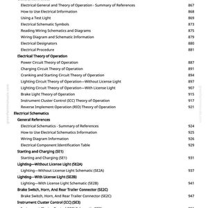 May include: A detailed table of contents from a manual, featuring sections on electrical systems, including schematics, theory of operation, and component identification. The text is black on a white background.