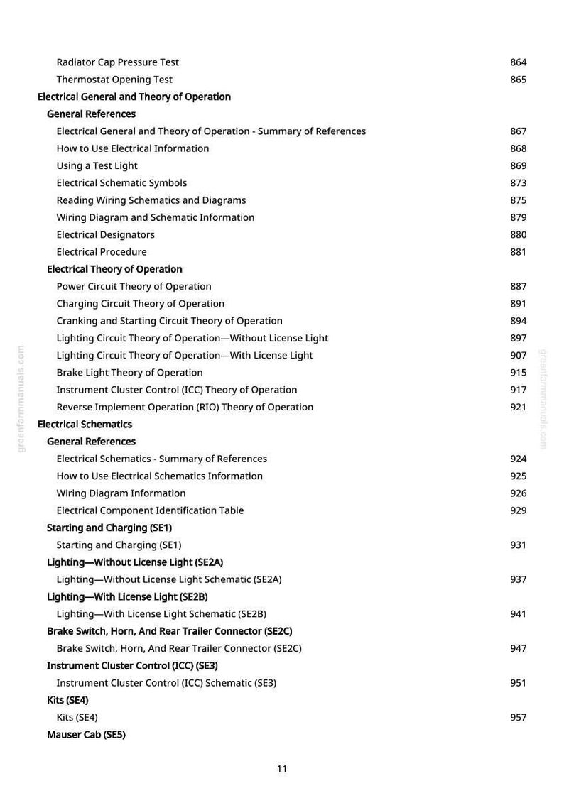 May include: A detailed table of contents from a manual, featuring sections on electrical systems, including schematics, theory of operation, and component identification. The text is black on a white background.
