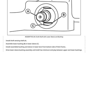 Op de afbeelding: Technische tekening van een trekas-assemblage met een onderste huls en bus. De afbeelding bevat labels voor de trekas-detectie (A), de onderste bus (B) en de onderste huls (C).