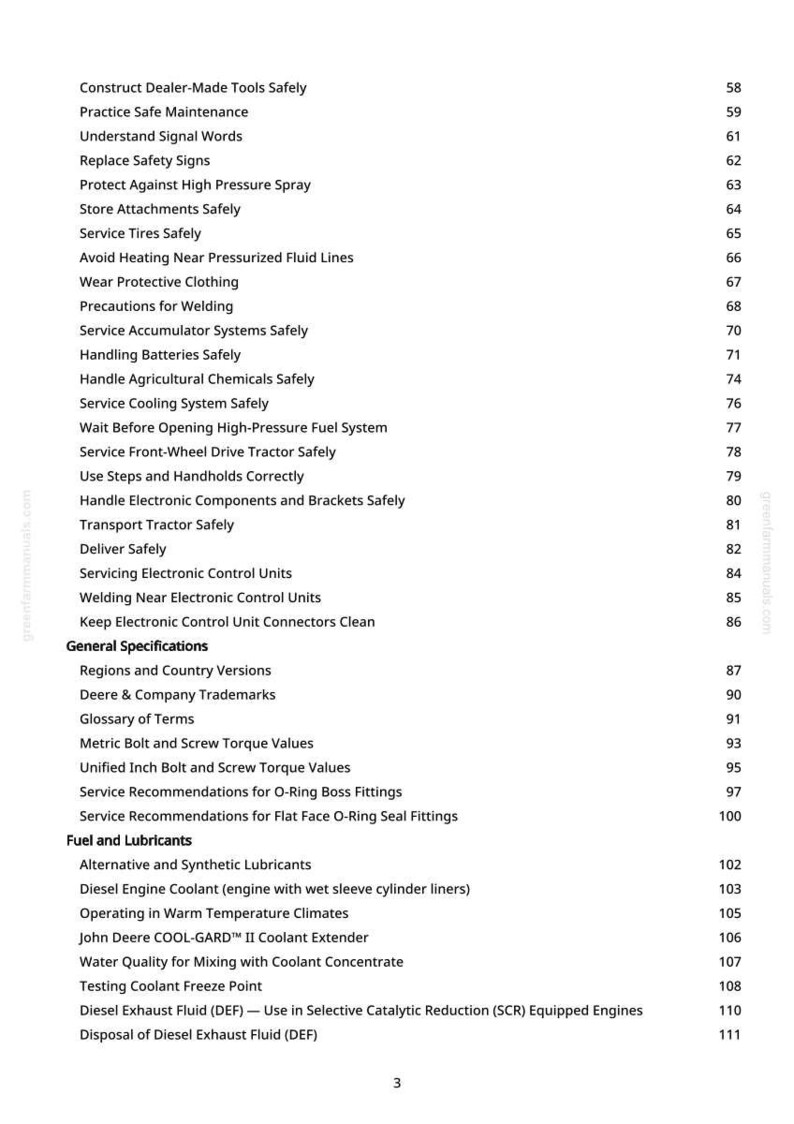 May include: A white printed page from a manual with a list of safety and maintenance topics, including "Construct Dealer-Made Tools Safely" and "Service Tires Safely". The page number is 3.