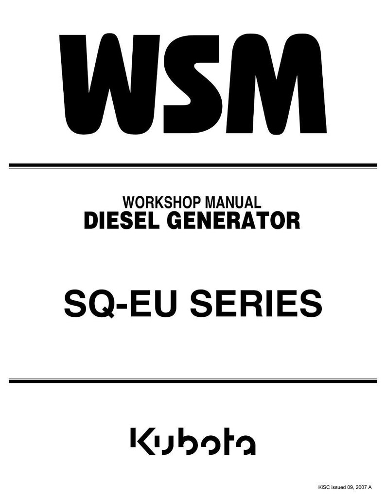 May include: A white document with black text. The document's title is "WSM" in bold letters. Below, it reads "WORKSHOP MANUAL DIESEL GENERATOR SQ-EU SERIES." The Kubota logo is at the bottom.