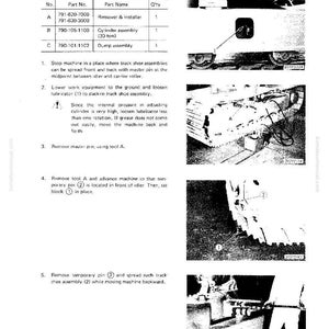 K&ouml;nnte beinhalten: Eine technische Zeichnung mit dem Titel "Ausbau der Kettenschuhbaugruppe" mit einer Teileliste und nummerierten Schritten. Das Bild enth&auml;lt Nahaufnahmen von Maschinenkomponenten und eine Person, die an der Ausr&uuml;stung arbeitet.