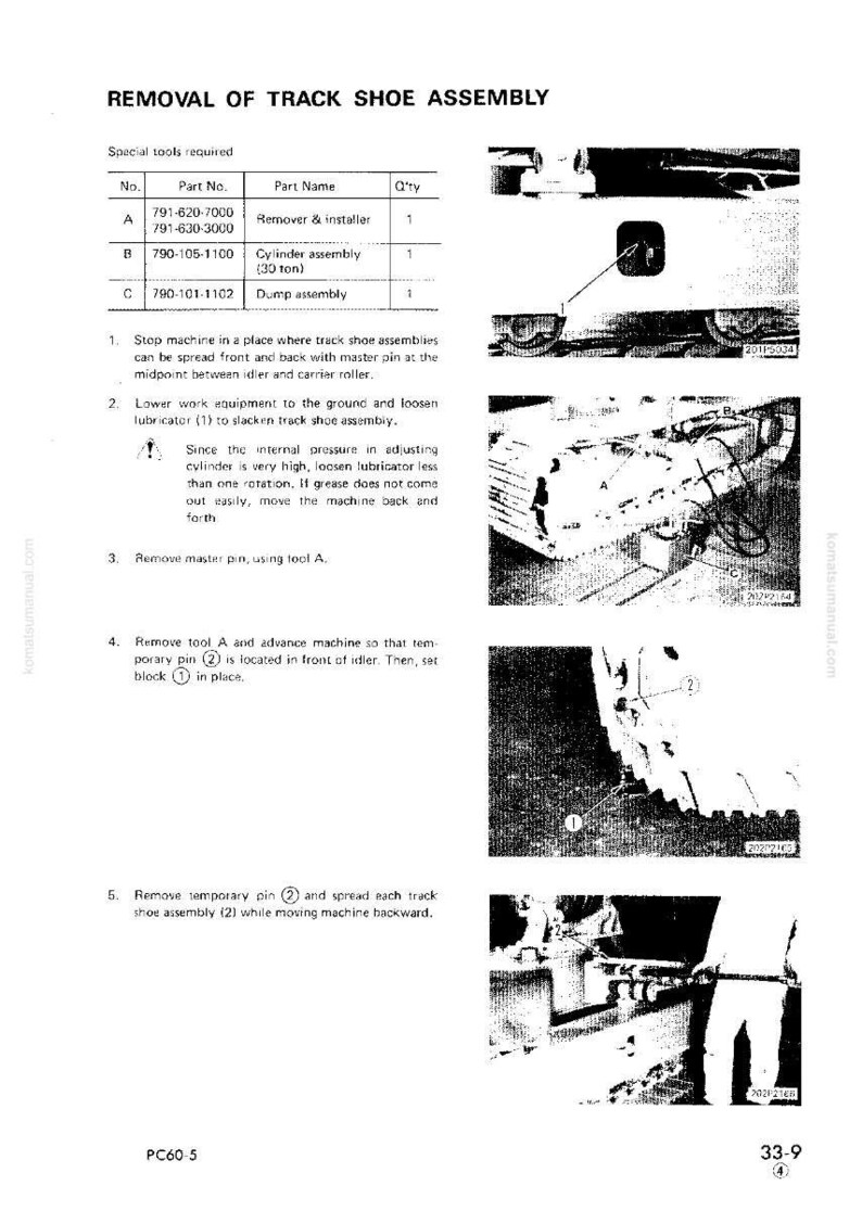 K&ouml;nnte beinhalten: Eine technische Zeichnung mit dem Titel "Ausbau der Kettenschuhbaugruppe" mit einer Teileliste und nummerierten Schritten. Das Bild enth&auml;lt Nahaufnahmen von Maschinenkomponenten und eine Person, die an der Ausr&uuml;stung arbeitet.