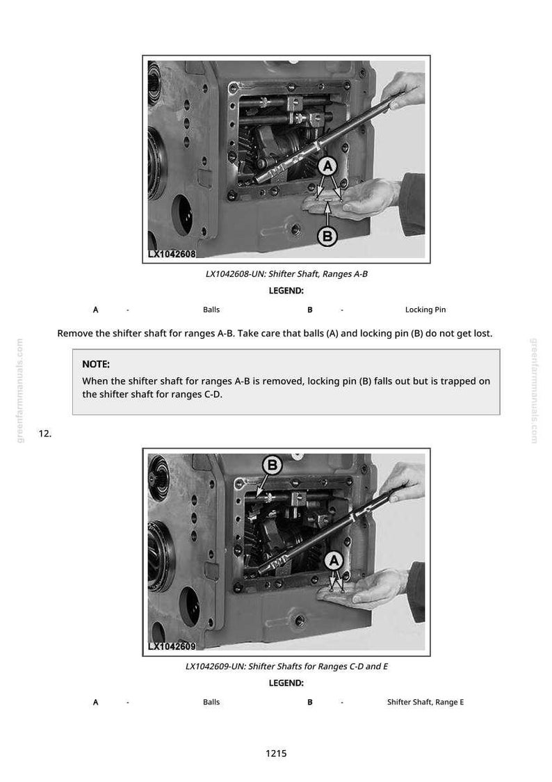 Pode incluir: Diagrama a preto e branco de um componente mec&acirc;nico com o texto "LX1042608-UN: Shifter Shaft, Ranges A-B" e "LX1042609-UN: Shifter Shafts for Ranges C-D and E". O diagrama mostra pe&ccedil;as internas e uma m&atilde;o usando uma ferramenta.