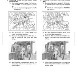 May include: Diagram from a manual showing steps for measuring torque converter stator clutch pressure and transmission main relief pressure. Includes illustrations of engine components and a person in a vehicle cab. Text includes instructions and pressure gauge specifications.