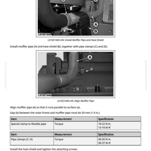May include: Diagram of a vehicle's exhaust system, including muffler pipe, heat shield, and clamps. The image provides instructions for installation, with measurements in inches and foot-pounds. Text labels identify components.