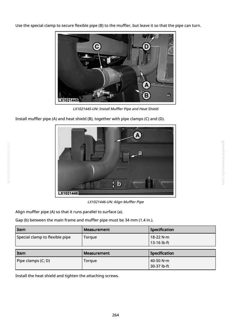 May include: Diagram of a vehicle's exhaust system, including muffler pipe, heat shield, and clamps. The image provides instructions for installation, with measurements in inches and foot-pounds. Text labels identify components.