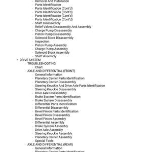 May include: A detailed list of mechanical components and procedures, including "HYDROSTATIC PUMP" calibration, "AXLE AND DIFFERENTIAL" parts, and "DRIVE SYSTEM" troubleshooting. The text is in a clear, easy-to-read font.