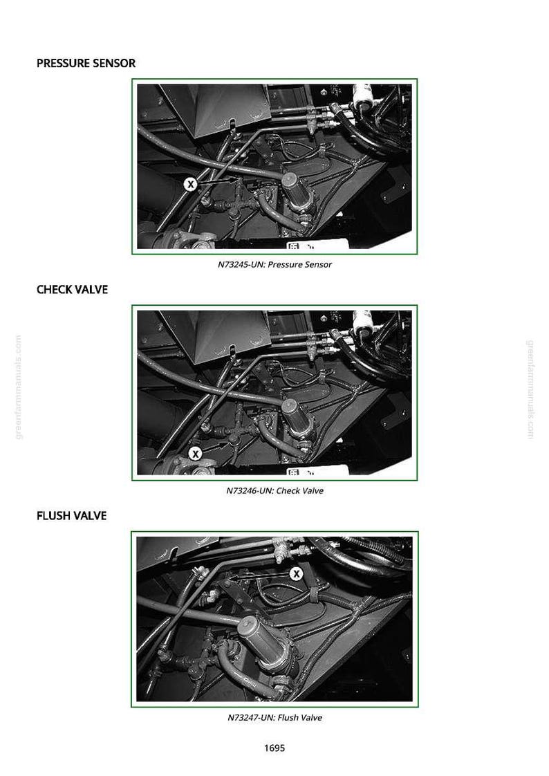 Op de afbeelding: Drie grijswaardenafbeeldingen van mechanische componenten met de labels "Druksensor", "Terugslagklep" en "Spoelklep". Elke afbeelding toont een close-up van het onderdeel met slangen en andere mechanische elementen. De afbeeldingen zijn afkomstig uit een handleiding.