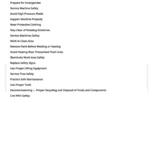 May include: A white page with the title "Safety Information - Summary of References" and a list of safety guidelines. The list includes topics like "Prepare for Emergencies", "Service Machine Safely", and "Wear Protective Clothing".