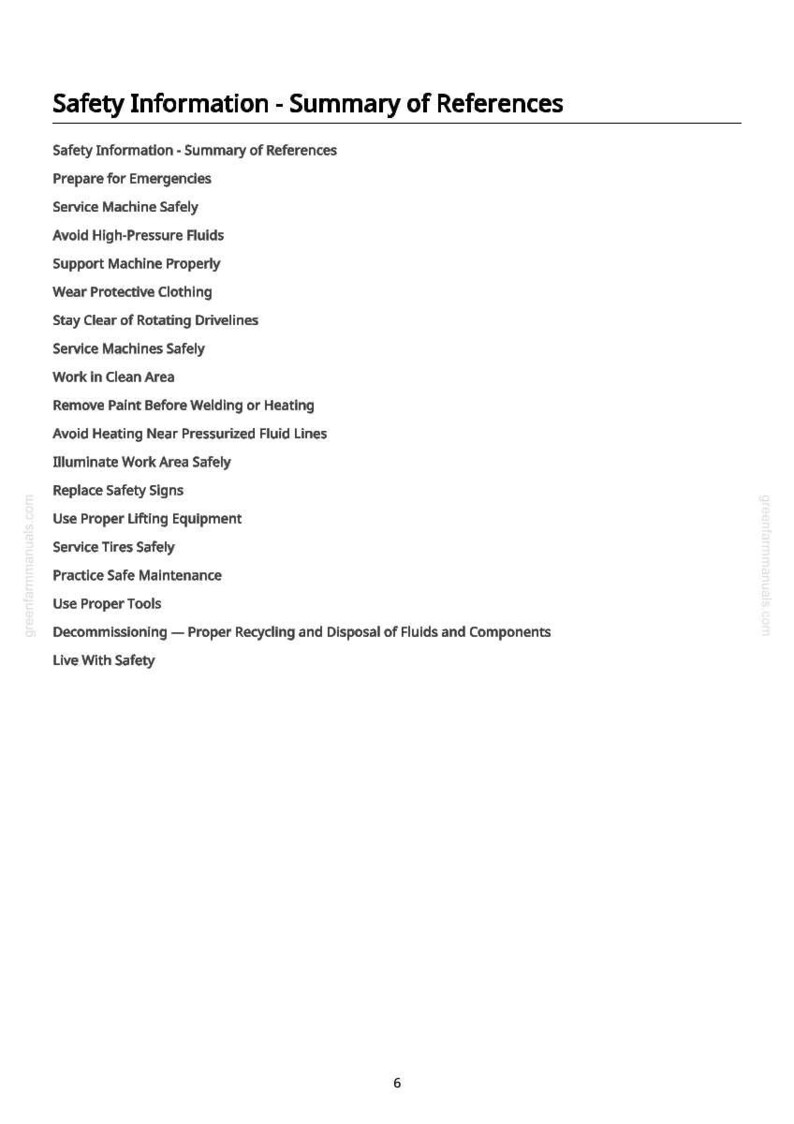May include: A white page with the title "Safety Information - Summary of References" and a list of safety guidelines. The list includes topics like "Prepare for Emergencies", "Service Machine Safely", and "Wear Protective Clothing".