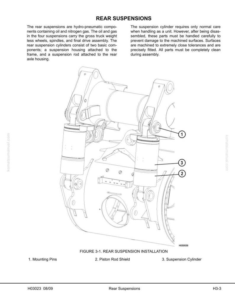 May include: Diagram of a rear suspension installation, featuring a detailed technical illustration. The image includes labels for mounting pins, piston rod shield, and suspension cylinder. Text at the top reads "REAR SUSPENSIONS".