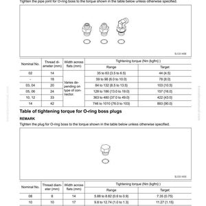 Puede incluir: Tabla de pares de apriete est&aacute;ndar para juntas y tapones de tuber&iacute;as con junta t&oacute;rica. Incluye n&uacute;meros nominales, di&aacute;metros de rosca en mm, anchura entre caras en mm, y rangos y objetivos de par en Nm (kgfm).