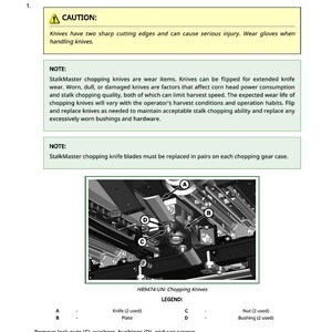 May include: Diagram of StalkMaster chopping knife blades, with instructions for removal, flipping, and installation. Includes a caution about sharp edges and a legend identifying parts like knives, plates, nuts, and bushings.