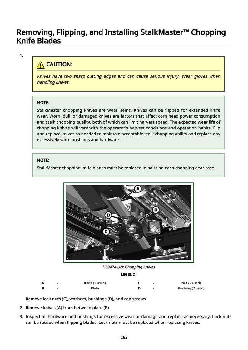 May include: Diagram of StalkMaster chopping knife blades, with instructions for removal, flipping, and installation. Includes a caution about sharp edges and a legend identifying parts like knives, plates, nuts, and bushings.