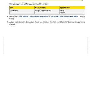May include: A manual page with a yellow caution box at the top. The text warns of crushing injuries and instructs the user to use a lifting device. A table lists the front idler weight as approximately 45 kg.