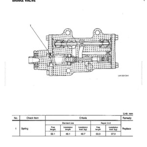 May include: Diagram of a brake valve assembly with internal components labeled. The image includes a table with measurements in millimeters for a spring, detailing free length, installation length, and installation load.