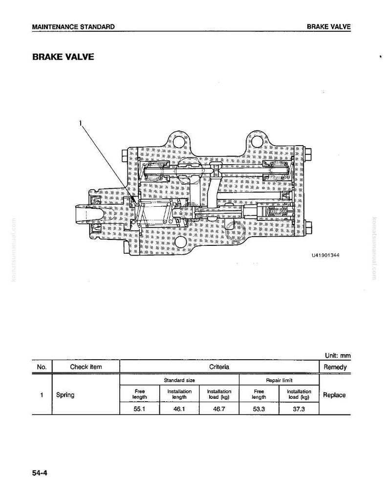 May include: Diagram of a brake valve assembly with internal components labeled. The image includes a table with measurements in millimeters for a spring, detailing free length, installation length, and installation load.