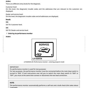 K&ouml;nnte beinhalten: Eine Seite aus einem Handbuch mit Text und Diagrammen. Das Bild enth&auml;lt ein Diagramm mit der Bezeichnung "SERVICE" und der Zahl 8. Der Text beschreibt Diagnoseverfahren, einschlie&szlig;lich Einstiegsebenen, Kunden- und H&auml;ndlerservice sowie Anweisungen f&uuml;r den Performance-Monitor.