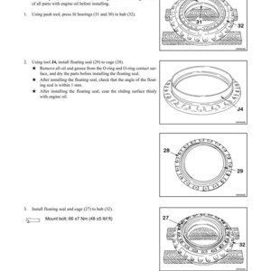 May include: Technical diagram showing final drive disassembly and assembly instructions. The image details the installation of seals, bearings, and cages, with measurements in Nm and lbf ft. Includes diagrams and text.