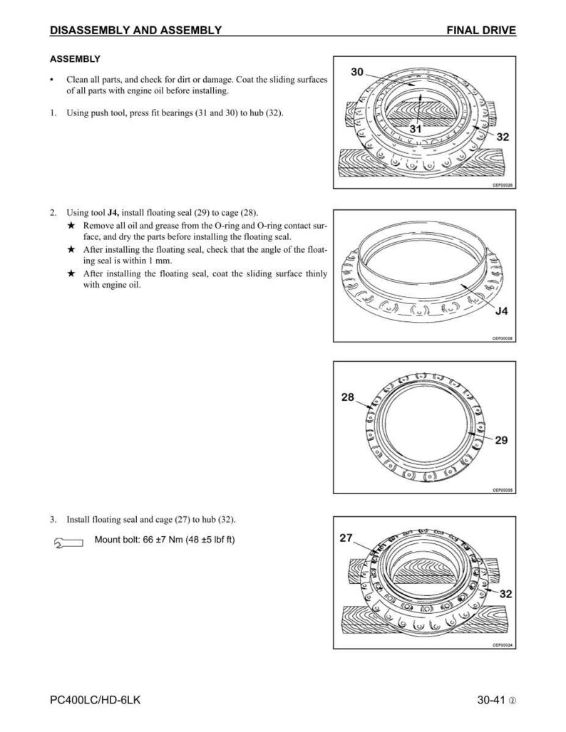 May include: Technical diagram showing final drive disassembly and assembly instructions. The image details the installation of seals, bearings, and cages, with measurements in Nm and lbf ft. Includes diagrams and text.