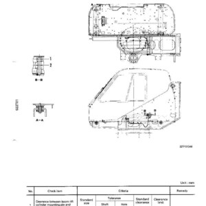 K&ouml;nnte beinhalten: Technische Zeichnung eines Drehrahmens mit detaillierten Schemata mechanischer Komponenten. Enth&auml;lt Messungen in Millimetern und eine Tabelle mit Spielspezifikationen. Der Text "REVOLVING FRAME" steht oben.