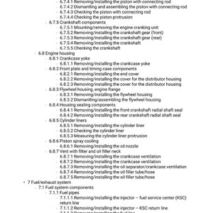 May include: A detailed list of engine repair procedures, including flywheel components, piston components, crankshaft components, and fuel system components. The text is in black font on a white background.