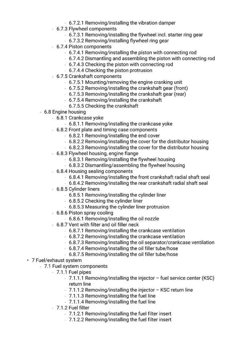 May include: A detailed list of engine repair procedures, including flywheel components, piston components, crankshaft components, and fuel system components. The text is in black font on a white background.